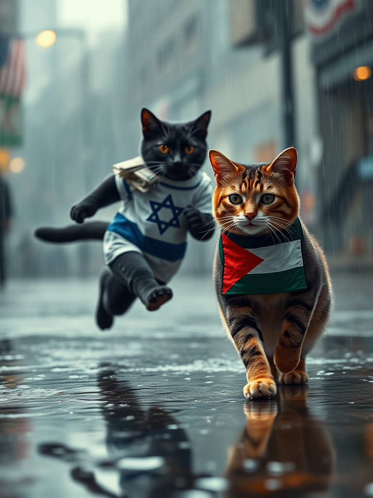 Create a realistic 4K image depicting a dramatic scene in heavy rain. A black cat wearing a shirt featuring the Israeli flag has successfully snatched a handful of money and is sprinting away at full speed. In the foreground, a cat wearing a shirt with the Palestinian flag is left behind, tears streaming down its face, expressing sadness and despair. The background should show the pouring rain, with puddles reflecting the scene, enhancing the emotional impact. Capture the movement and urgency of the black cat and the sorrow of the Palestinian cat to convey a powerful moment.