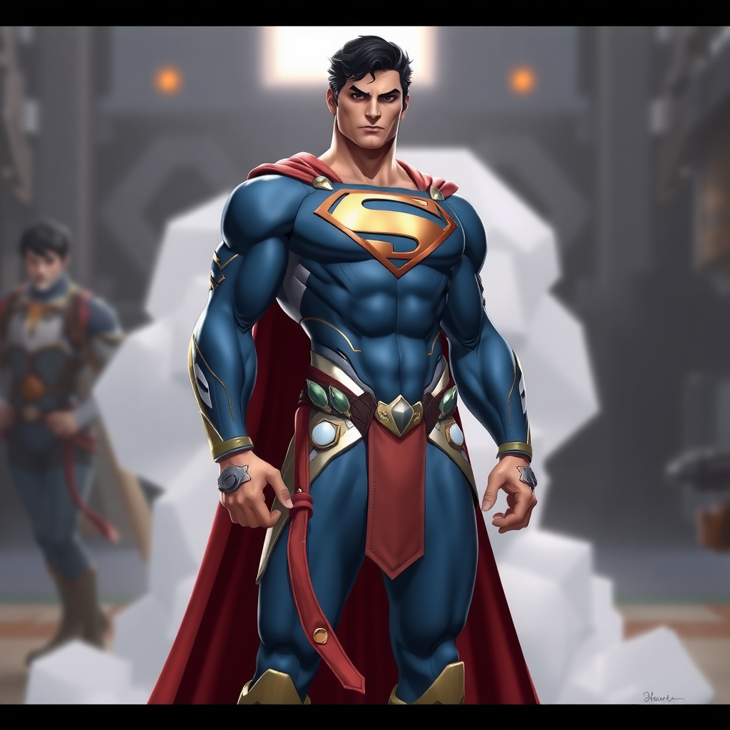 Generate a full-length image of a character with the following specifications: Superman with the body traits of Mei-Ling from Overwatch. Modify the body shape with an emphasis on the torso, retaining the core Superman costume but incorporating embellishments and elements from the Mei-Ling character. The background should be an appropriate setting for both characters.