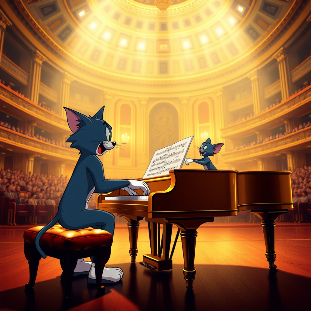 Tom is playing with Jerry a 4 handed music piece on a golden grand piano in a giant concert hall in real 3d.