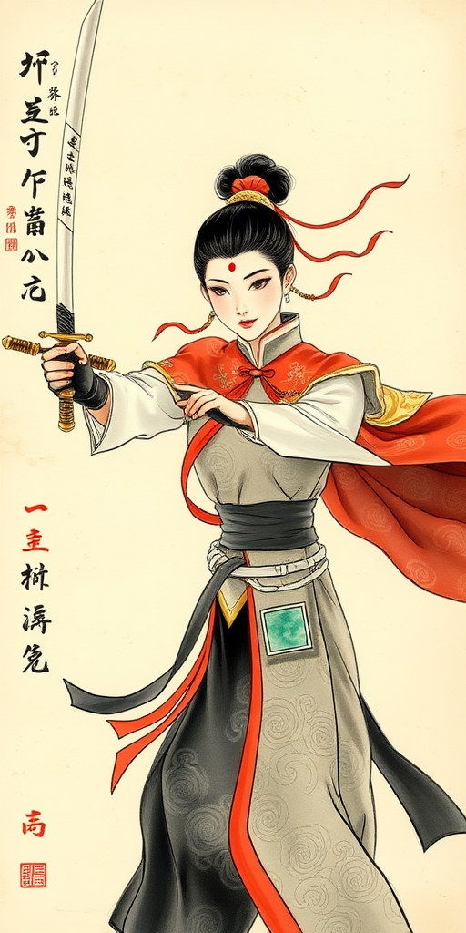 A Chinese woman, Ming Dynasty, secret service agent, Brocade-clad Guard, Imperial Guard, wearing traditional cape cloak behind, auspicious clouds pattern on the cape, with stand up collar, red hair ribbon, red bindi on the forehead, performing sword launcher skill, uppercut slash, fighting, ink wash painting, sumi-e, rectangle jade waist pendant worn at the waist, background in parchment paper,