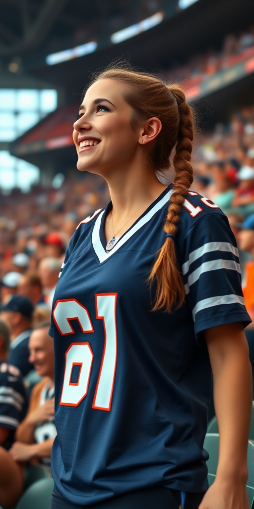 Extremely attractive female NFL fan, pigtail hair, cheering, large chest, jersey, in crowded NFL stadium bleachers