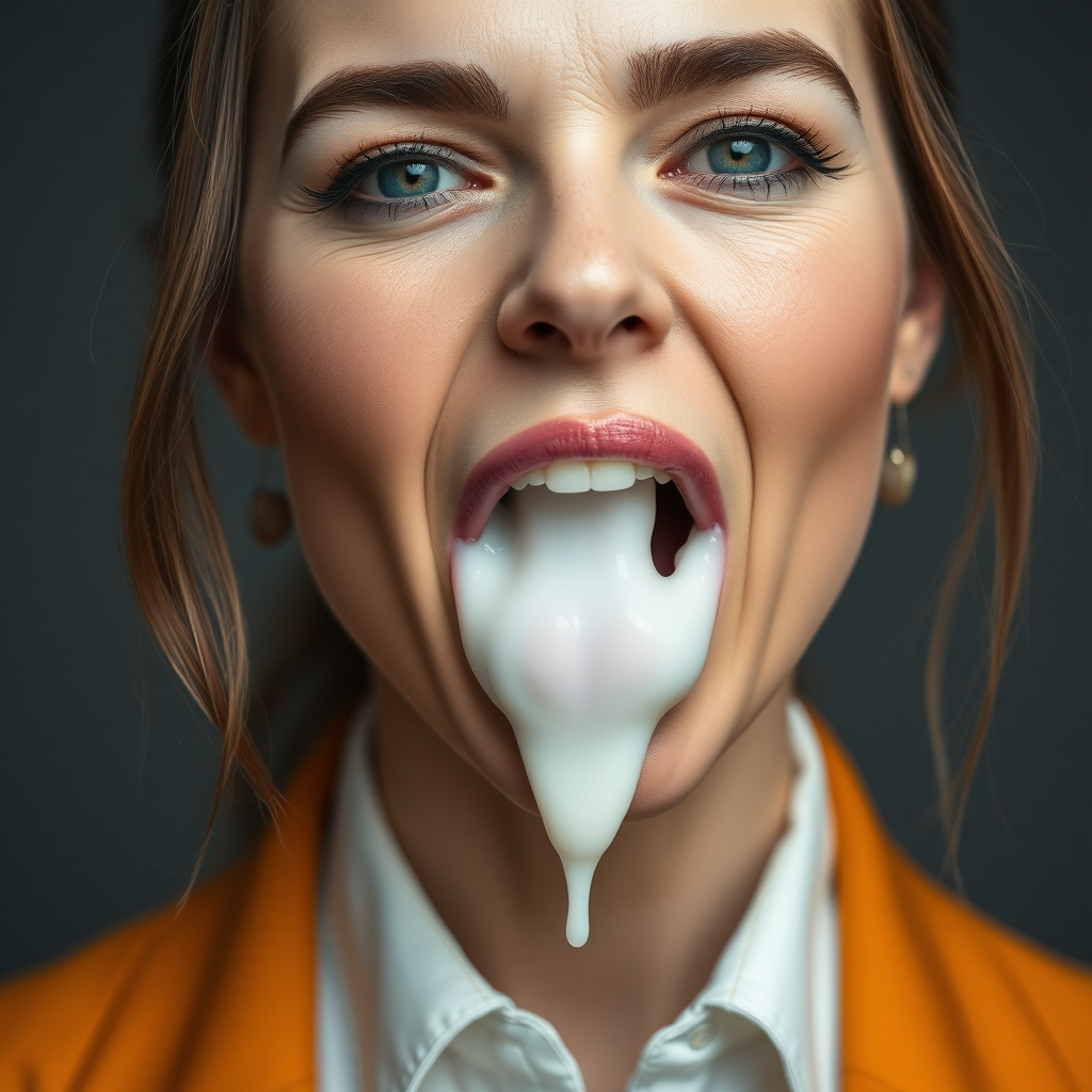 mature attractive business woman with white almost translucent slime drops in her mouth