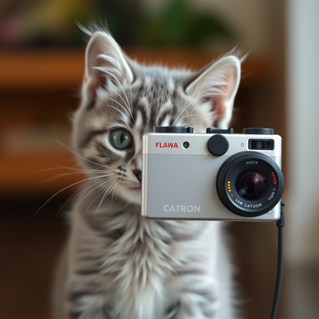 A gray kitten is taking pictures with a Catnon camera.