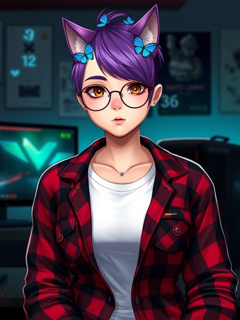 female lesbian cat-man with a big chest, size 90E, without makeup, serious with little blue butterflies on top of her head, a round face, with a purple undercut hairstyle, hazel eyes, dimples on her cheeks, chubby cheeks, wearing semi-round glasses, a red and black checkered shirt open with a white t-shirt, in front of a desk with a gaming PC, in digital art