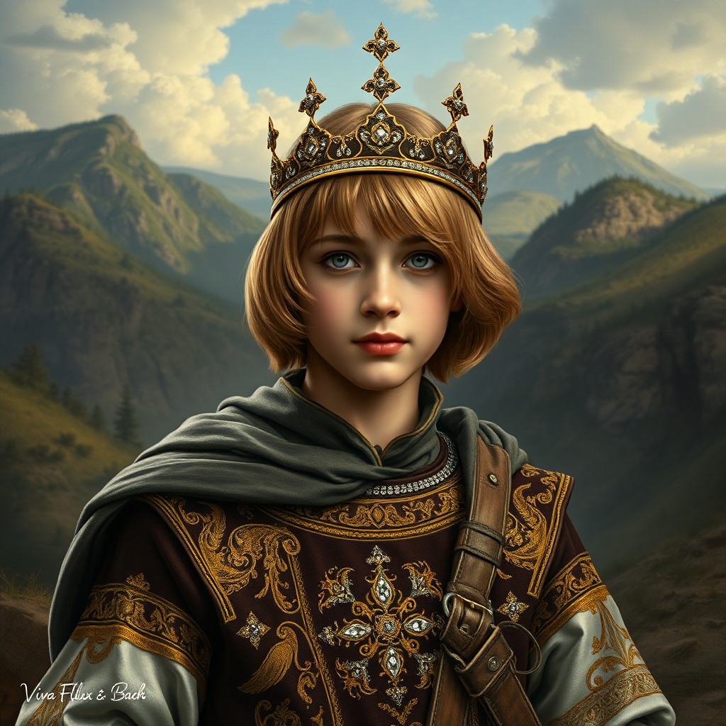 16yo teen boy prince, long bob cut, embroidered with gold and diamonds medieval cloths, diamond diadem, and Beautiful War. Free style by FLUX photorealistic. The background is in the style of landscape style by Antonio del Polaiolo, Generating the signature at the bottom: Viva FLUX & Bach, ultra high resolution, 16K.