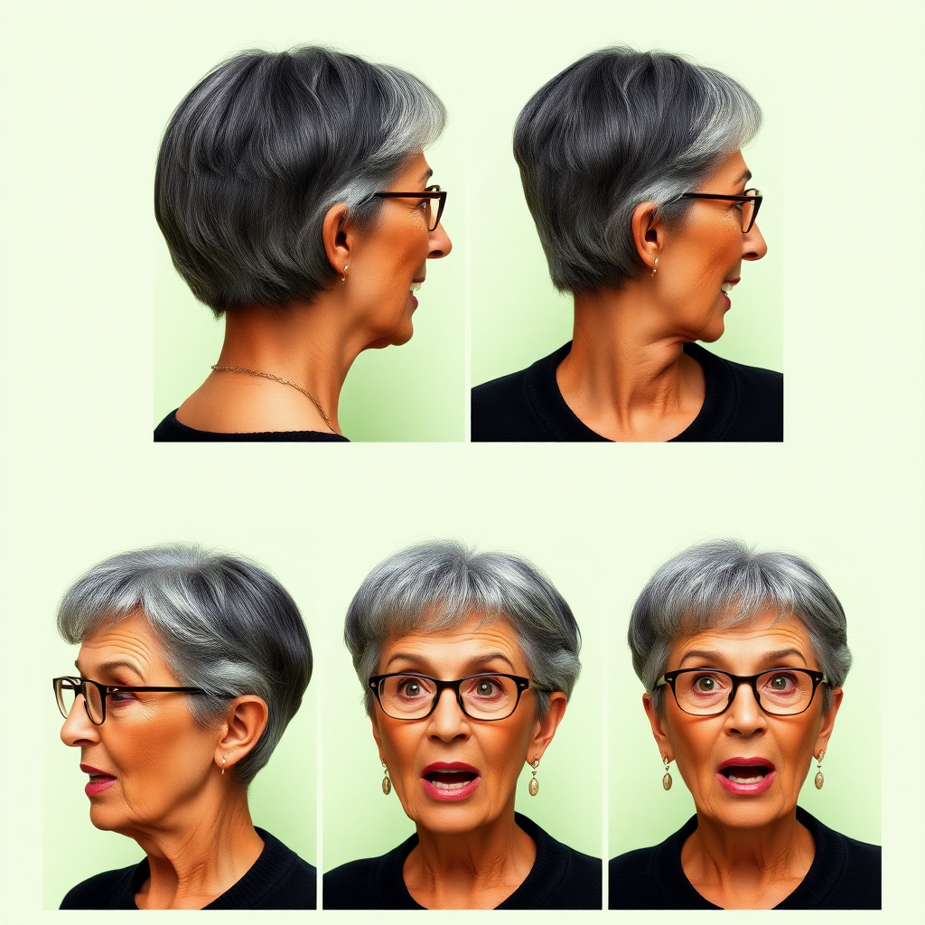 Photorealistic image of six headshots of a 50 Years old, fit, European, Latina, sharp aquiline nose, wrinkles, high cheekbones, Middle Eastern, Skinny, Tanned skin, Dark light skin, full Makeup, jewelry, Sharp nose, exaggerated expression, surprised, astonished, over delighted, mouth open, dark grey Ash hair, short bowl haircut, Brown eye color, Glasses, with detailed features. Each photo displays the same face in back, profile and front view, cut out and isolated on a green background. All six heads are visible side by side, empty space around each view, no overlapping.