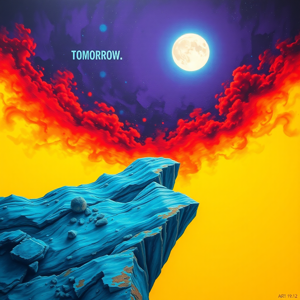 the edge of tomorrow, dramatic strong and powerful, colour scheme of turquoise and red, tomorrow never comes, yellow background and purple foreground, extreme wide shot, incredibly detailed, the bright moon and darkened sky, astral lighting, composite photograph, acrylic painting --ar 19:12 --seed 4 --s 50