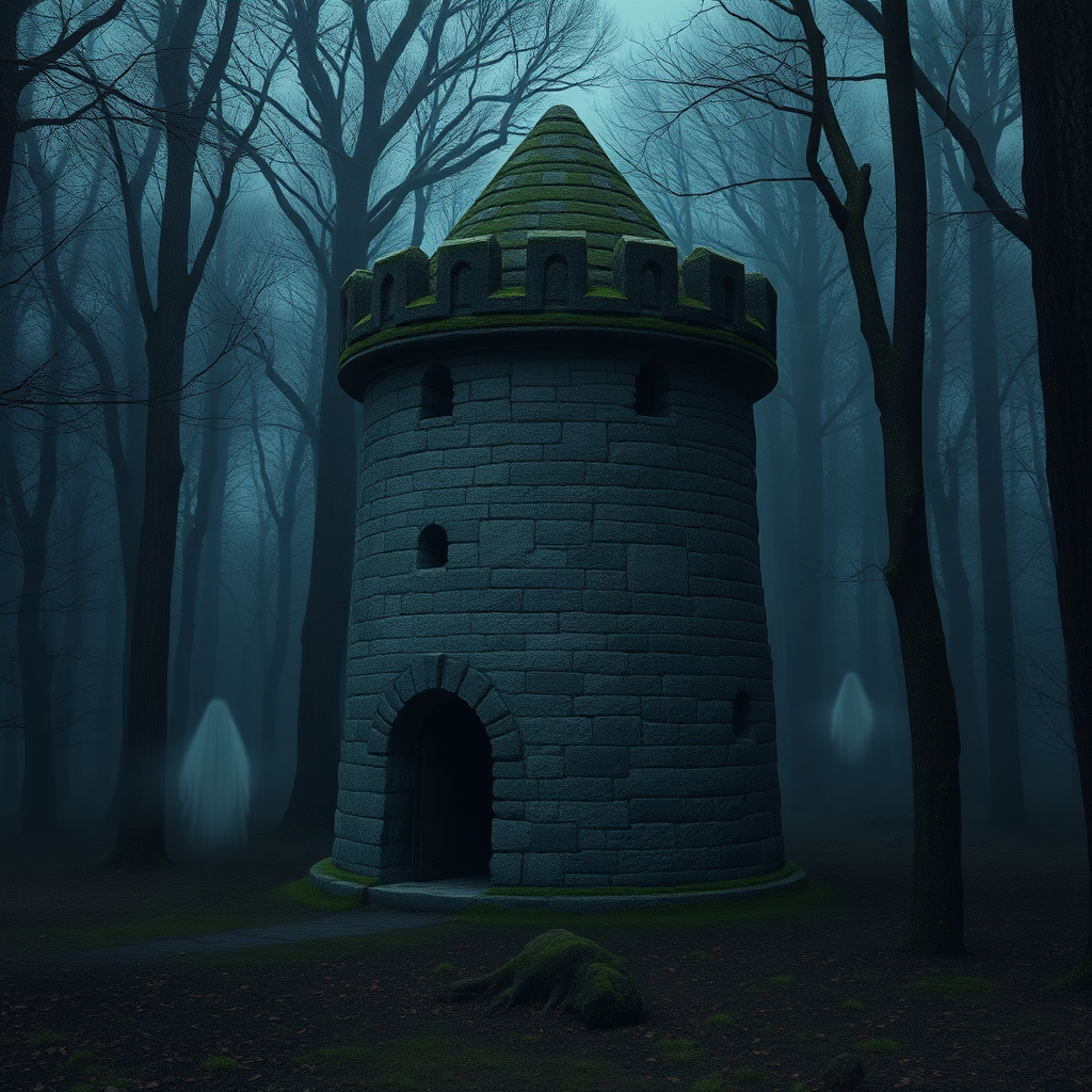 A photo realistic small, old and worn, round, moss covered medieval stone tower in a dark forest clearing with very faint ghost like forms around it.