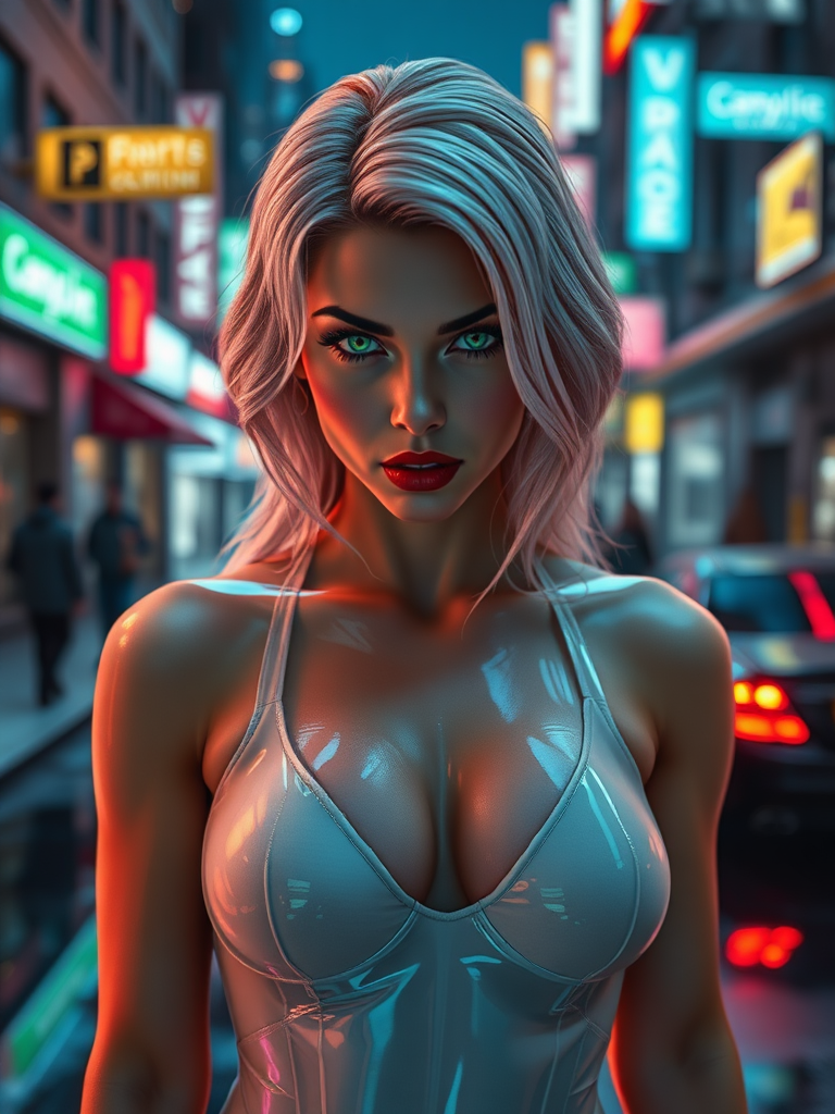 succubus, inside in a Grand Theft Auto city Altered Carbon, white gelatins floating, blonde hair, green eyes neon, mouth closed with a sarcastic expression of irony, ice street in city, using gelatin swimsuit translucent metallic, front posing, full body view, Image 9:16 Resolution HD High Quality, cinematic corrected lighting, hyper-realistic saturation in layer fusion with 8K cinematic HDR traces in Real Tracing perspectives, realism vision colors Impact of Realism in the reflections of the environment inspired by wet