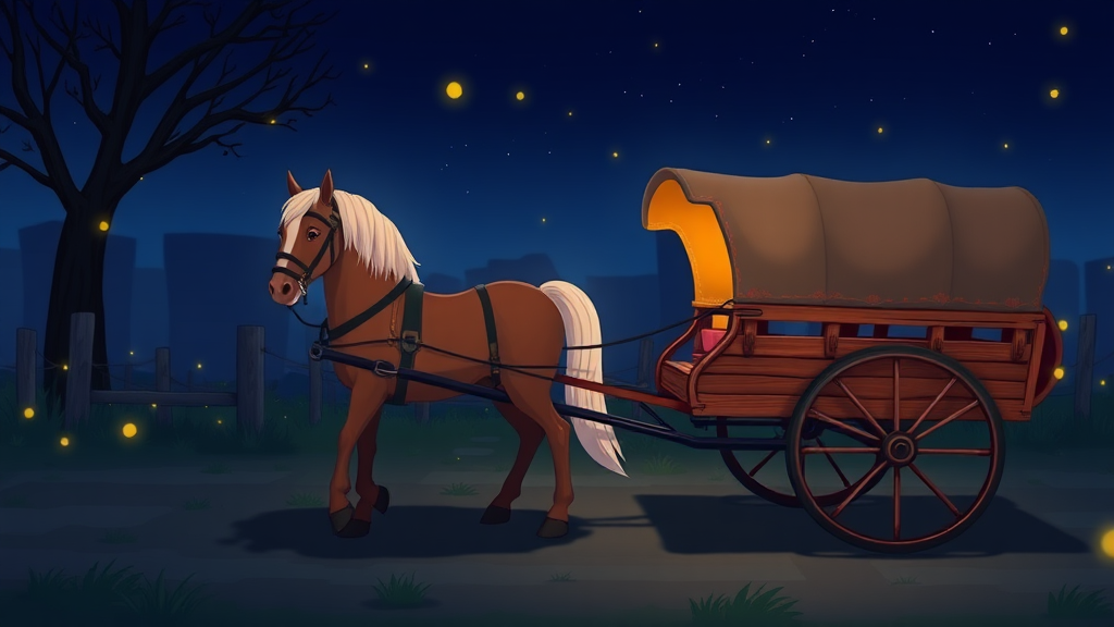 A horse and cart at night, some fireflies around, animation.