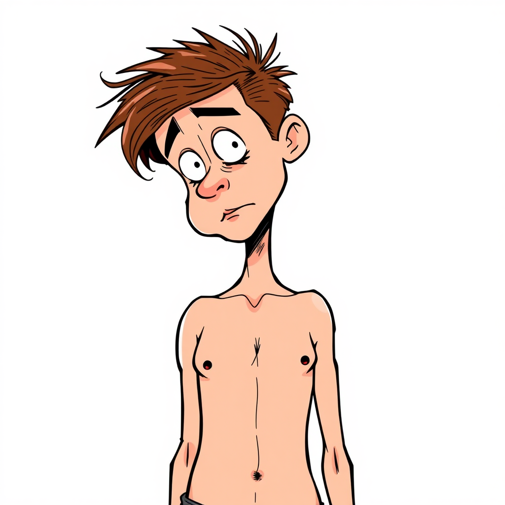 shy nervous small 20 year old european skinny man, amazed, bare chest, red tight men's brief, tense fabric, head down, looking from below, side view, 2D, caricature, cartoon, Sketch lines, coloring book, coloring book