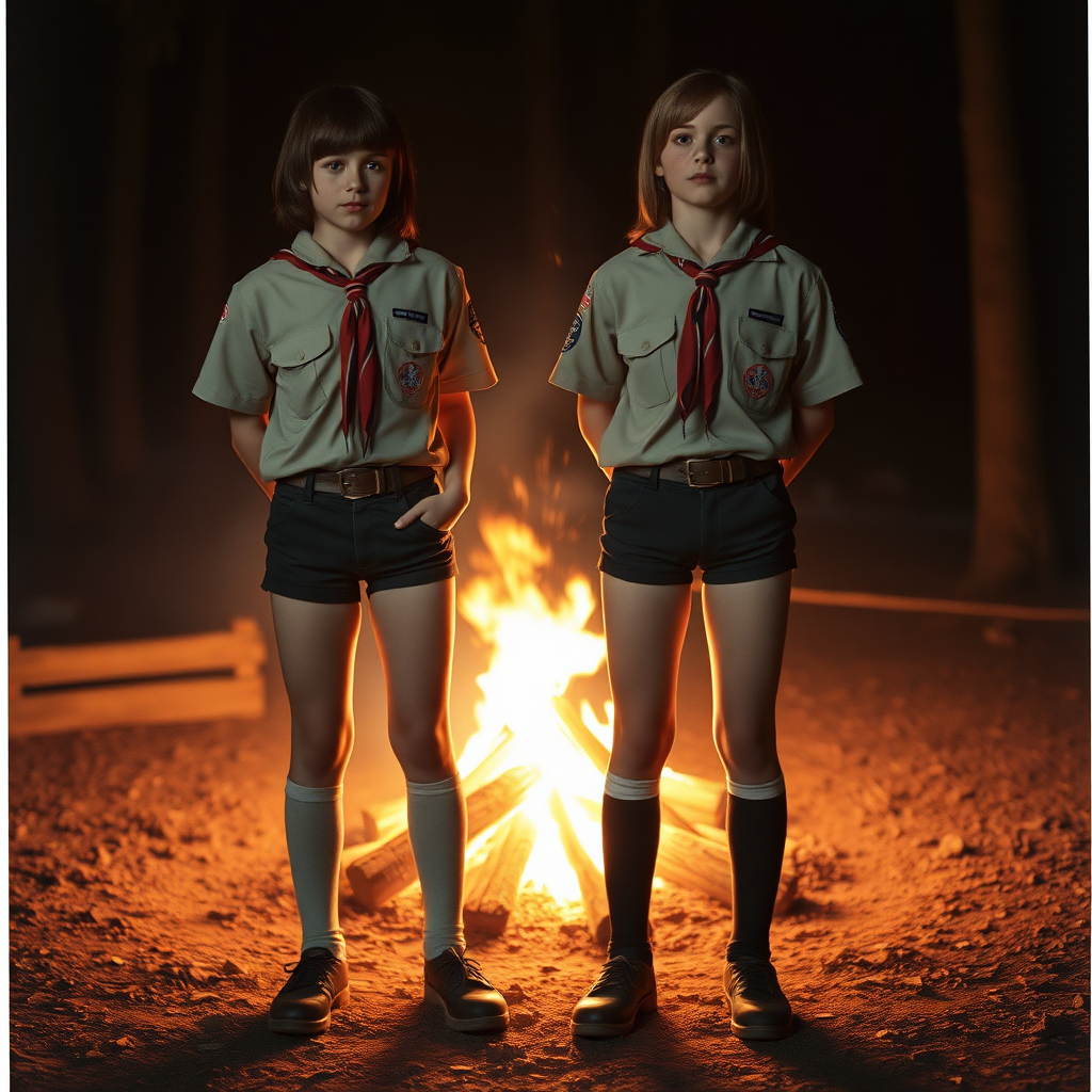 Two tall 14yo teen boys, long bob cut, wearing American boy scout uniform with uniform matching very tight booty shorts, tube socks, shoes, long legs, narrow thighs. A campfire. Full-length view. 1980s. Photorealistic, ultra high resolution, 16K, Negative: grainy, blurry, bad anatomy, extra limbs, watermark.