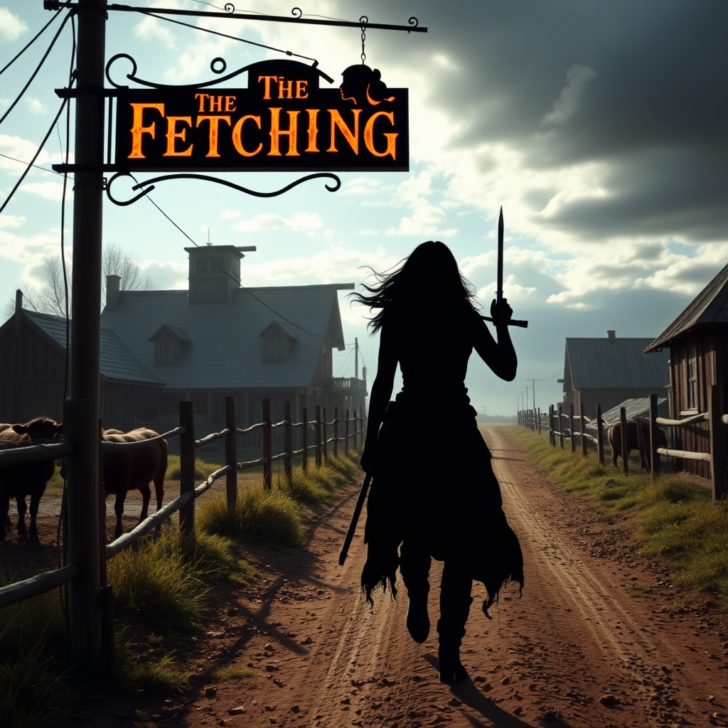 A wide distance shot of a female thief in a fantasy village. She is fleeing from someone. Dirt road, fences, livestock. Bar called "The Fetching Twins" sign (consisting of a silhouette of two women leaning together for a kiss).