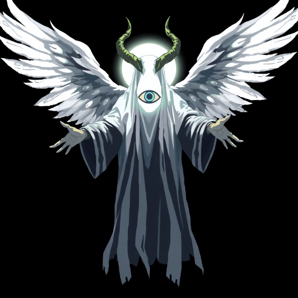 (Anime Pixel-styled art) Black background, a haunting godly-powerful angelic figure known as Yaldabaoth, the Demiurge, hovers ominously in mid-air. His tall, ghost-like form exudes a spectral presence, draped in flowing white-and-black robes that billow with an ethereal energy. His entire face is veiled by a strange and eerie, pure white circular light, from which a single eye looking down symbol glows faintly in its center, casting an unsettling aura. Four large, menacing horns crown his head, giving him an air of divine yet terrifying power. Behind him, four angelic wings, majestic and shadowy, spread wide—simultaneously invoking grace and fear. His outstretched hands seem to beckon with an unknown purpose, completing his full-body, otherworldly presence in the dark expanse, Shrek is there yelling for help.