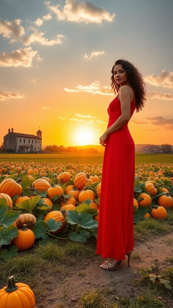 On the left, a beautiful model in a long red dress, with curly black hair, wearing 12 cm high heels, in the background a field of large orange pumpkins, a Venetian countryside with a farmhouse and a small church, a sunset sky with the sun and white clouds.