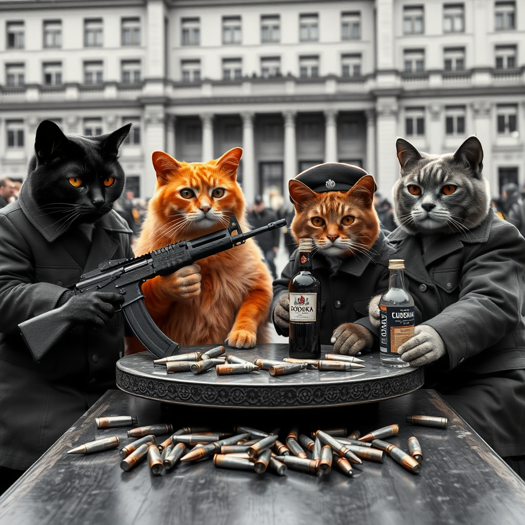 4 cat-men in a large square, a dark-skinned one holding an AK-47, an orange one with a Russian military cap, a dark brown one and a light brown one, USSR communists with VODKA, around a table with bullet casings on it (black and white photo style)