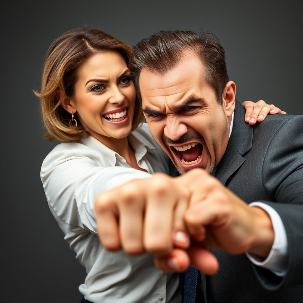 mature attractive business woman punching a man in the face, the fist is hitting his angry face and making strong impact, he looks visually disturbed, her fist is physically touching his face as she is knocking his teeth out