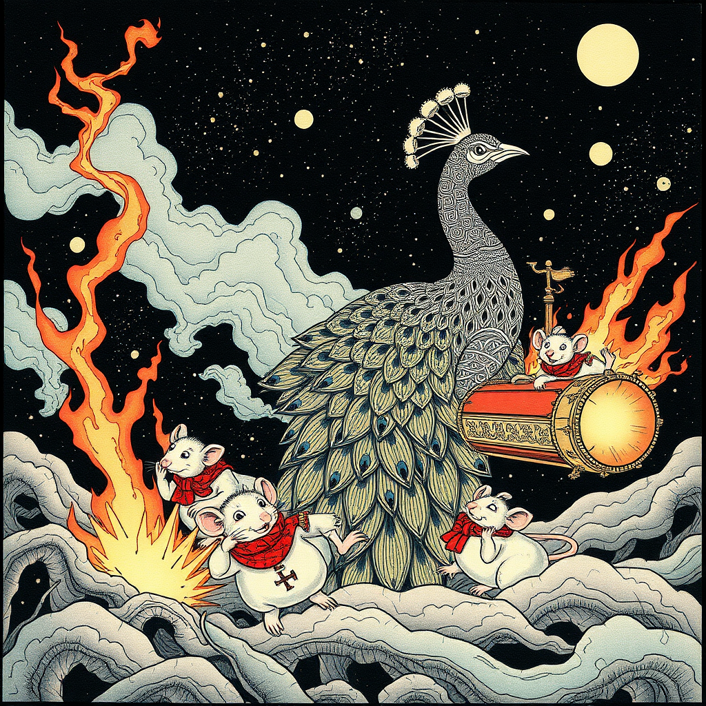 A tattooed peacock saving well-dressed rats from a burning spaceship, Chinese woodcut,