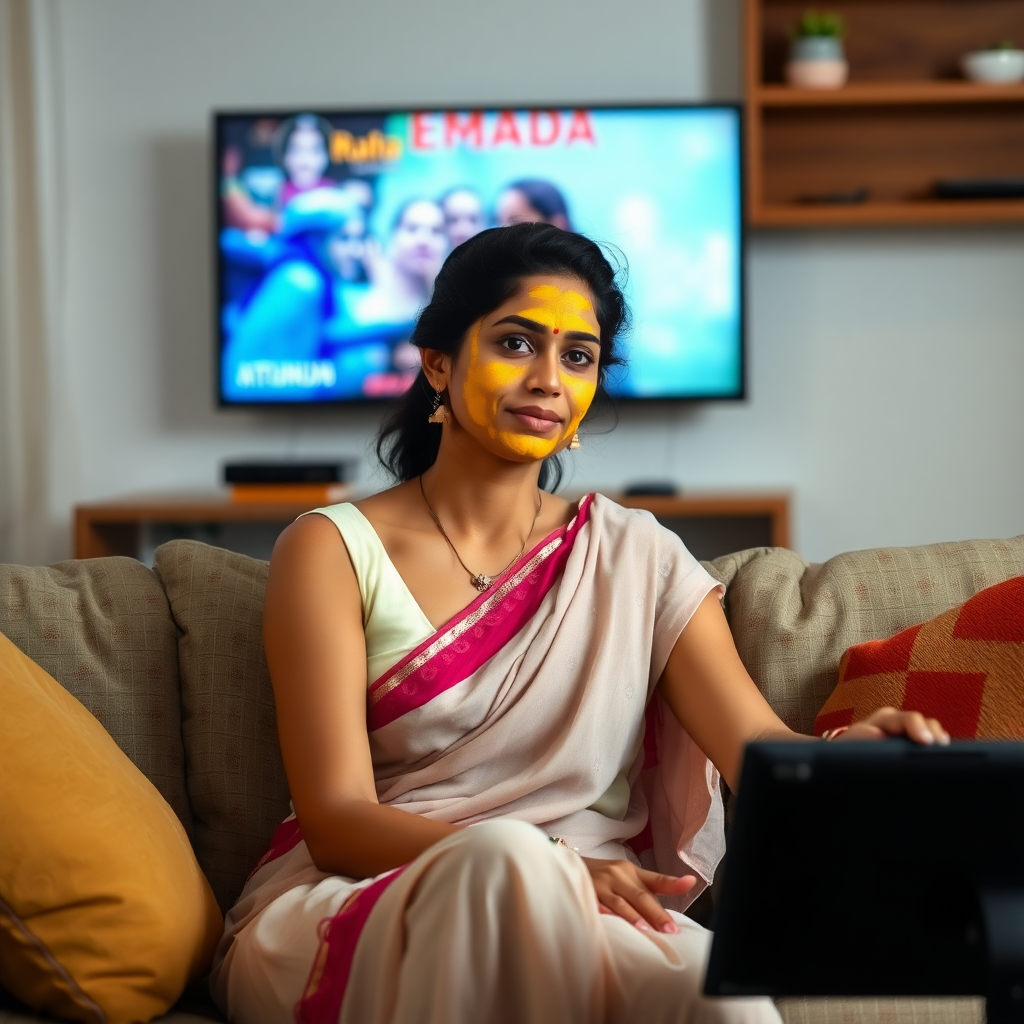 slim, 30 year old, modern indian wife with hair covering, turmeric paste on her face. she is sitting on a sofa and watching TV