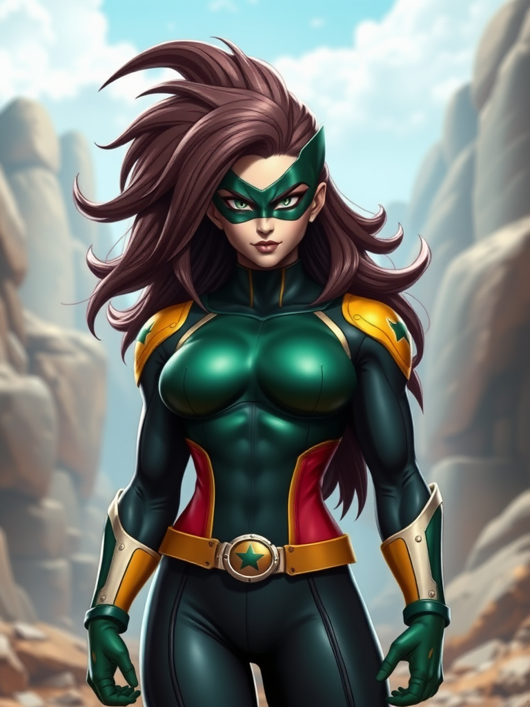 Create a hyper-realistic image featuring Marvel's Rogue with the body type of Vegeta from Dragon Ball. Maintain Rogue's original head, but adjust her anatomy to align with Vegeta's physique. Design a background that is a fitting blend of both Marvel and Dragon Ball universes, reflecting elements from each world for a cohesive and thematic setting.