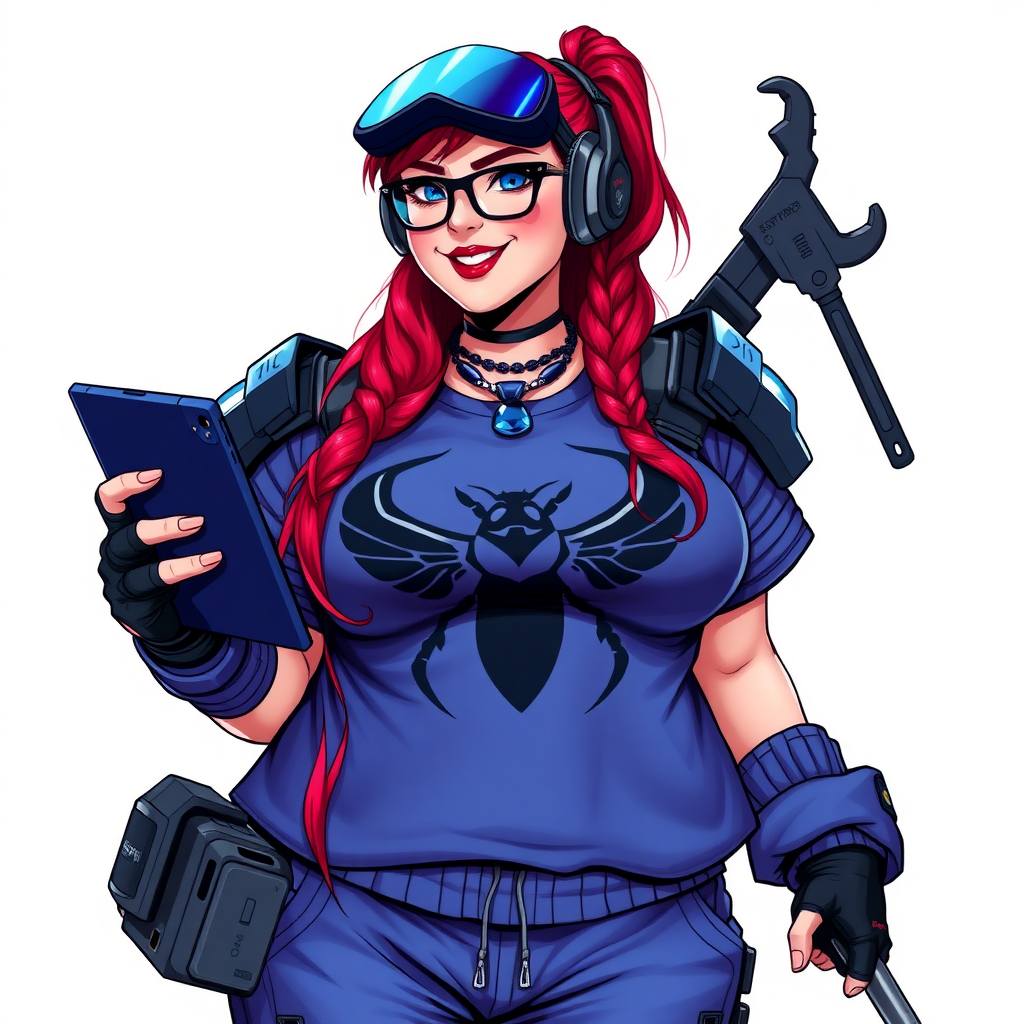 A cyberpunk vigilante’s full-figured intelligent and tech-savvy 29-year-old girlfriend, who is a computer hacker and tech genius. She has a long ruby red ponytail and bright blue eyes. She wears a sapphire beetle gemstone necklace, an armored, oversized, Maximum Blue (RGB 71, 171, 204) t-shirt featuring a giant black chest icon of a winged beetle, and matching Maximum Blue (RGB 71, 171, 204) sweatpants. She has a full-figured physique with a prominent, enormous, well-rounded midsection, reflecting her well-cared-for lifestyle. The midsection is heavily emphasized. She sports a sapphire headset with hi-tech Maximum Blue (RGB 71, 171, 204) lensed HUD visor, Maximum Blue (RGB 71, 171, 204) lipstick, black eyeglasses, and a beaming smile with a passionate bright red blush. Despite her figure and a lack of self-esteem, she radiates an air of beauty. She has an angular face which contributes to her radiant beauty. She serves as his tech expert from his hideout, holding a holographic tablet and a hi-tech tool wrench. The background is solid white. She is drawn as if she was in a retro 2D cyberpunk fighting game. Make sure her outfit covers her enormous midsection.