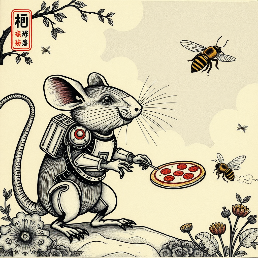 A cyborg rat delivering pizza to bees, Chinese woodcut