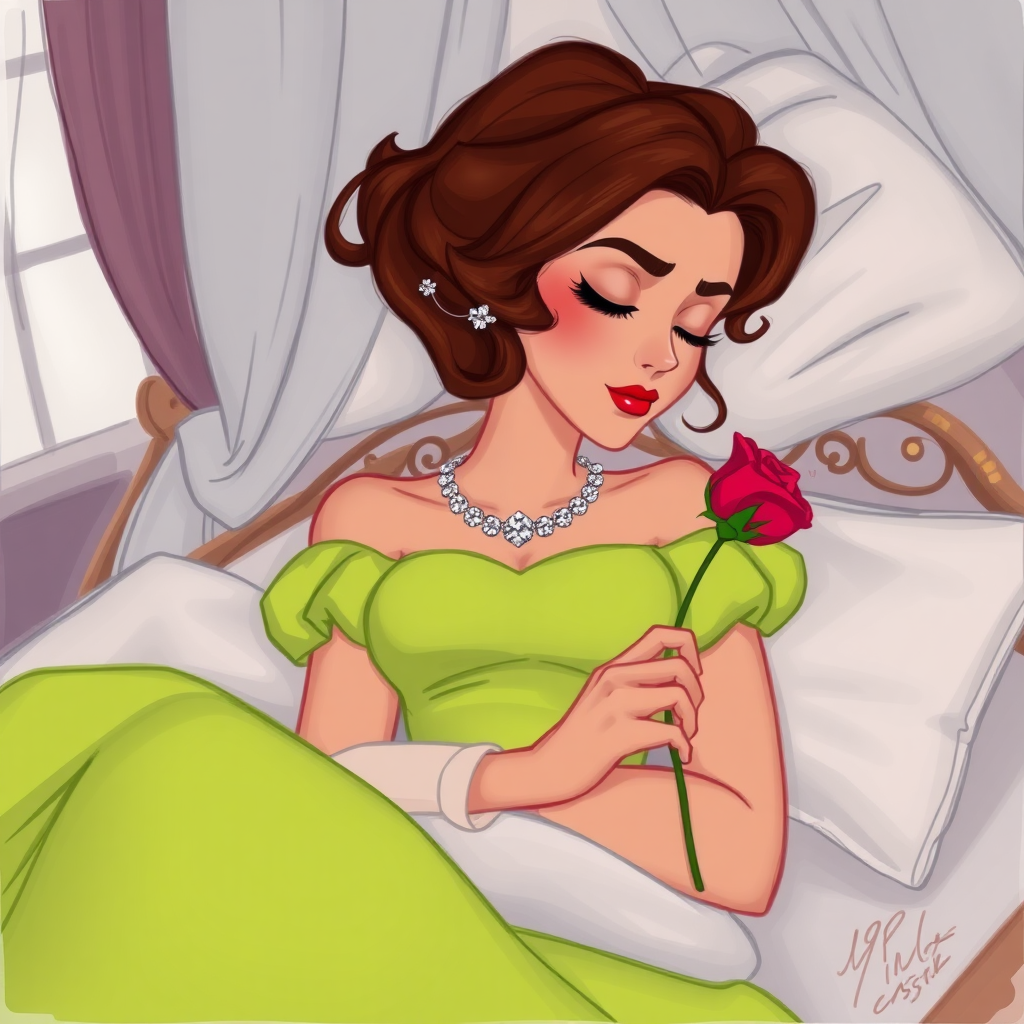 Disney sketch of an alluring, feminine 19-year-old Pakistani prince with short wavy brown hair in a bob with ringlets, rose lipstick, rose blush, long eyelashes, narrow face, wearing a lime green off-shoulder puff sleeve dress with a flowing skirt and white sleeves and a diamond festoon necklace. Sleeping in a bier in Bombay Castle, eyes closed, holding a rose; the bedroom is covered by a large curtain in a palace room as the beauty rests forever in a deep death-like sleep.