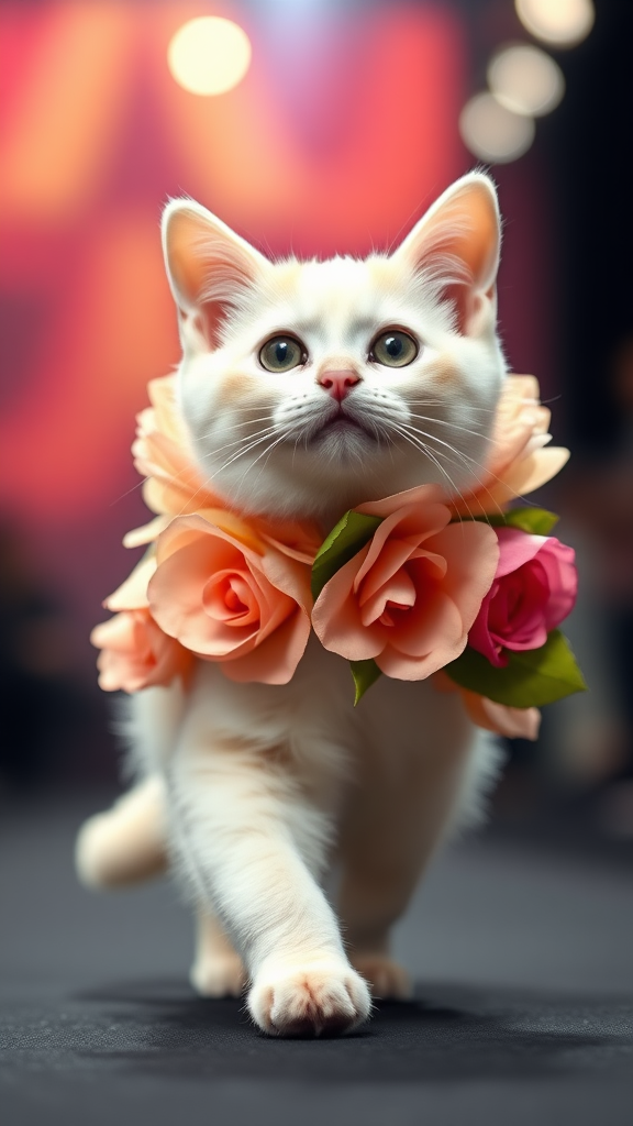 A little chubby big-eyed pink-nosed white cat walking on two paws wearing a real flower costume doing a ramp walk in a fashion show.