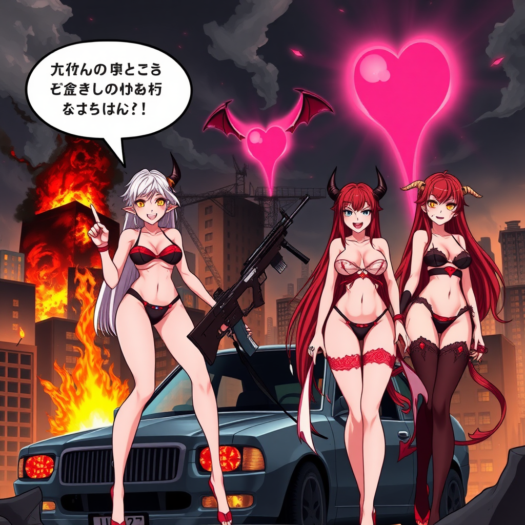 Anime, city on fire background, 4 mischievous tall-slender demon women, short blond hair, wearing sexy-micro bikini-bra-like clothing, micro g-string bikini, Womb tattoo on belly, mischievous wicked smile, large breasts, full body, long legs, looking at viewer, speech bubble with a burning city, holding rifle, a building crumbling and exploding, 1 women has long-white hair an is standing on top of car with 2 middle fingers, a pink vagina-shaped portal opened afar, 2nd women has long-crimson hair and is wearing nothing but red-gem tit coverings