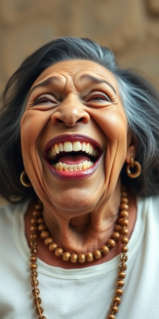 Kamala Harris lookalike old fat ugly female alien laughing, showing big rotten teeth