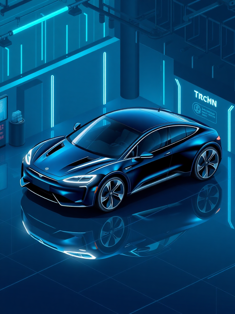 Draw an electric car in isometric view, high quality, very detailed, cybernetic around the electric car displayed in the showroom, and draw the background with a cybernetic and mysterious look like the movie "Tron", make the overall color dark blue to make it luxurious, draw the electric car in the center of the layout, and make the size of the electric car 1/5 of the screen size.