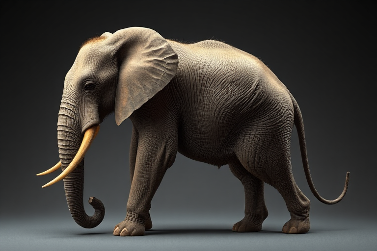 A full-length, photorealistic image of an elephant possessing the musculature and silhouette of a mouse, while retaining its head, complete with facial features. The creature's skin and fur should remain intact. The background should draw inspiration from both the elephant and mouse, seamlessly blending their distinct characteristics.