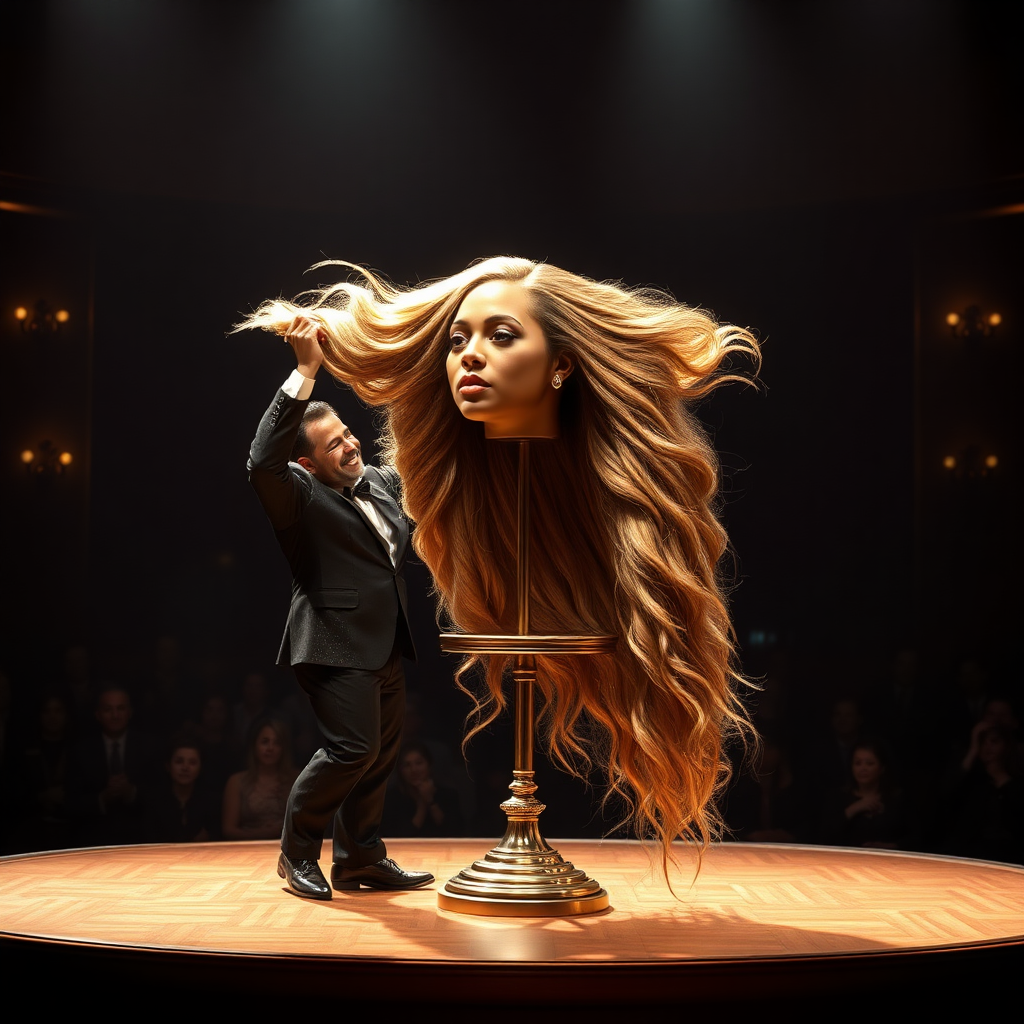 In a dimly lit theater, the atmosphere crackles with anticipation, the audience's murmurs a blend of curiosity and skepticism. On a grand, elegantly adorned display stand sits the disembodied head of the enchanting Beyoncé, her radiant skin glistening under the soft, warm glow of the spotlight. Her striking features are perfectly framed by cascading locks of lustrous, very long hair that shimmer with hues of light brown and hints of rich mahogany, reminiscent of polished silk.

Standing beside her is the magician, a charismatic figure in a sharp, tailored suit that glints with sequins in the light. With theatrical flair, he holds her voluminous hair aloft, fingers splayed wide, deftly spreading it out like a shimmering waterfall, mesmerizing the audience. The hair flows like liquid night, each strand capturing the light as it falls gracefully to the ground, creating a stunning, almost surreal contrast against the stark wooden stage.

The magician’s face is lit with a confident smile, his eyes sparkling with the thrill of the performance, as he engages the audience with playful banter. Their gasps and laughter echo throughout the room, a symphony of wonder and disbelief. The scent of polished wood and fresh popcorn wafts through the air, mingling with the underlying electricity of the moment. Time seems to stand still as the audience leans in, captivated by the spectacle, a seamless blend of illusion and artistry that promises to defy reason and ignite imagination.