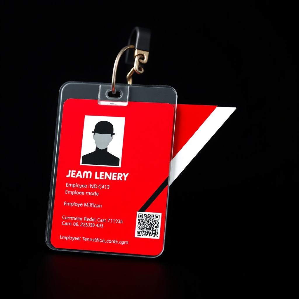 employee id card for tech company, professional themed, red and black dominant color