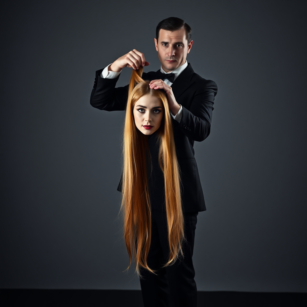 In a well lit performance space, a magician dressed in a sleek, tailored black suit stands center stage, exuding an air of mystery and theatrical flair. The atmosphere is thick with anticipation, as the audience holds their breath, captivated by the illusion about to unfold. The magician dramatically reaches into the shadows and, with a flourish of his hand, pulls forth the severed head of a strikingly beautiful female magic assistant, her long, cascading hair shimmering like silk and flowing down in an ethereal cascade.

Her lifeless gaze seems to flicker with a haunting enchantment, the vibrant color of her hair contrasting sharply against the stark, plain gray background that envelops the scene in an eerie calm. The magician grips her long, luxurious hair firmly, lifting her head to the camera, showcasing the intricate details of her pale skin, perfect porcelain features, and subtly painted lips. The juxtaposition of life and death creates a chilling yet mesmerizing effect, stimulating both curiosity and disbelief among the audience.

The room is filled with a tense stillness, the silence punctuated only by the soft whisper of fabric as the magician's fingers brush over the strands of hair, showcasing the surreal nature of the trick. Soft spotlighting highlights the magician’s intense expression, adding an ominous tone to the performance, as if he is in complete control of not only the illusion but the very essence of life itself. The minimalist decor enhances the focus on the central display, allowing the unsettling yet captivating image to linger in the minds of all who witness this bold act of theatrical illusion.