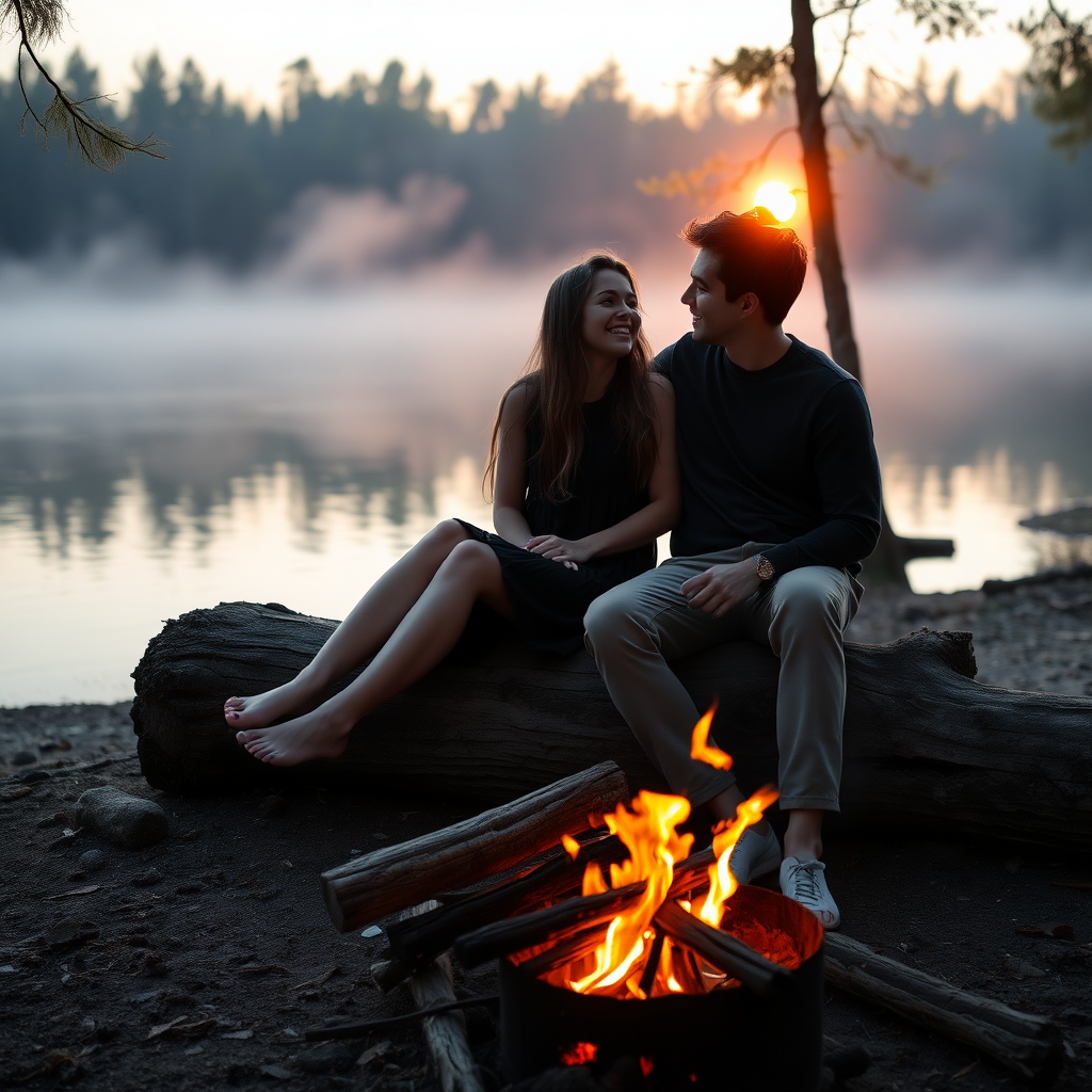 A young woman and her male friend sitting on a trunk. A fireplace is on the ground at the shore of a lake. She has long brunette hair. She is wearing a dress. Barefoot. They are laughing together. The sinking sun is falling through the trees. A little fog is rising from the lake. Light like in a fairy tale, a bit mystic. Photo.