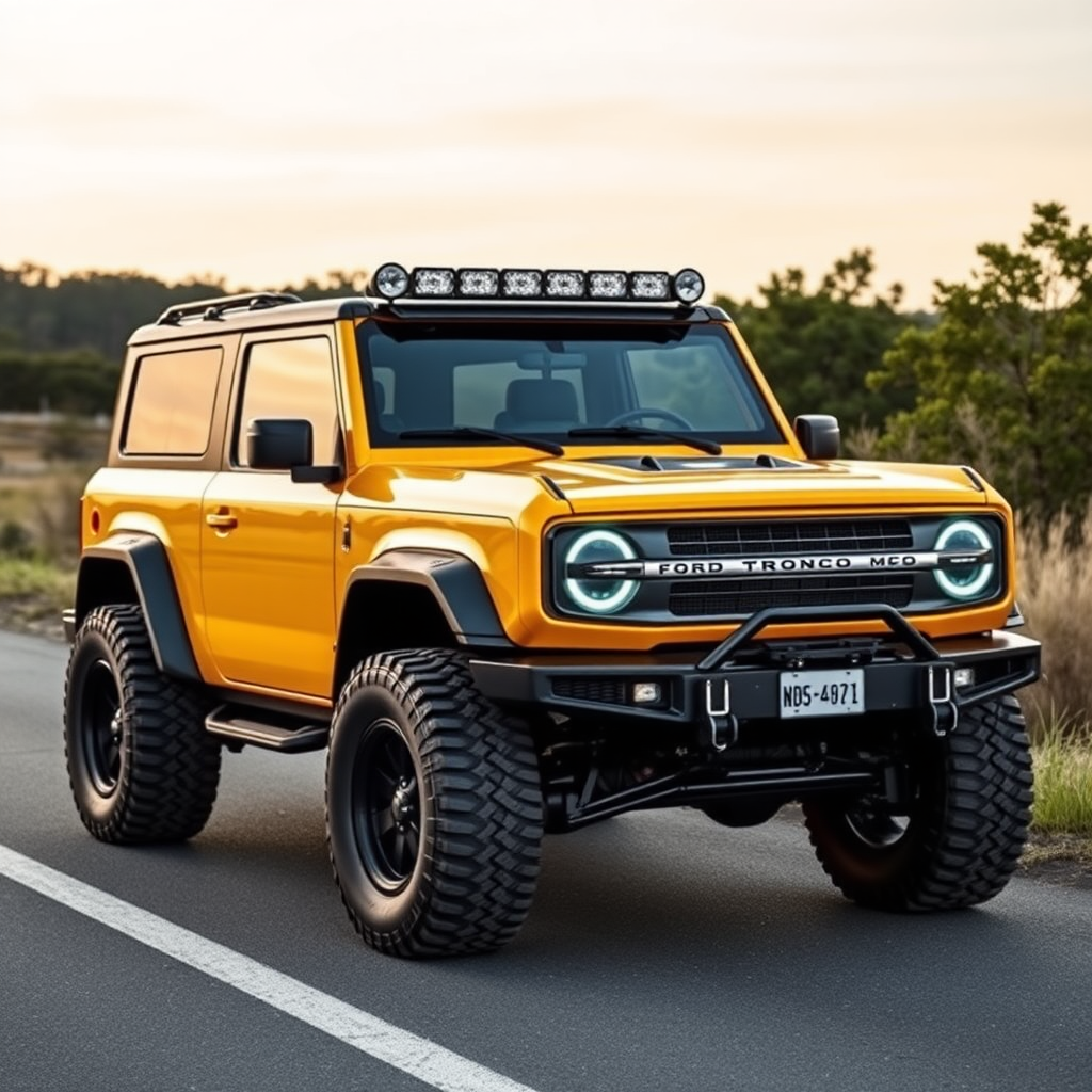 concept ford bronco the 4x4 car is parked on the side of the road, inspired by Taiyō Matsumoto, tumblr, restomod, nd4, c4