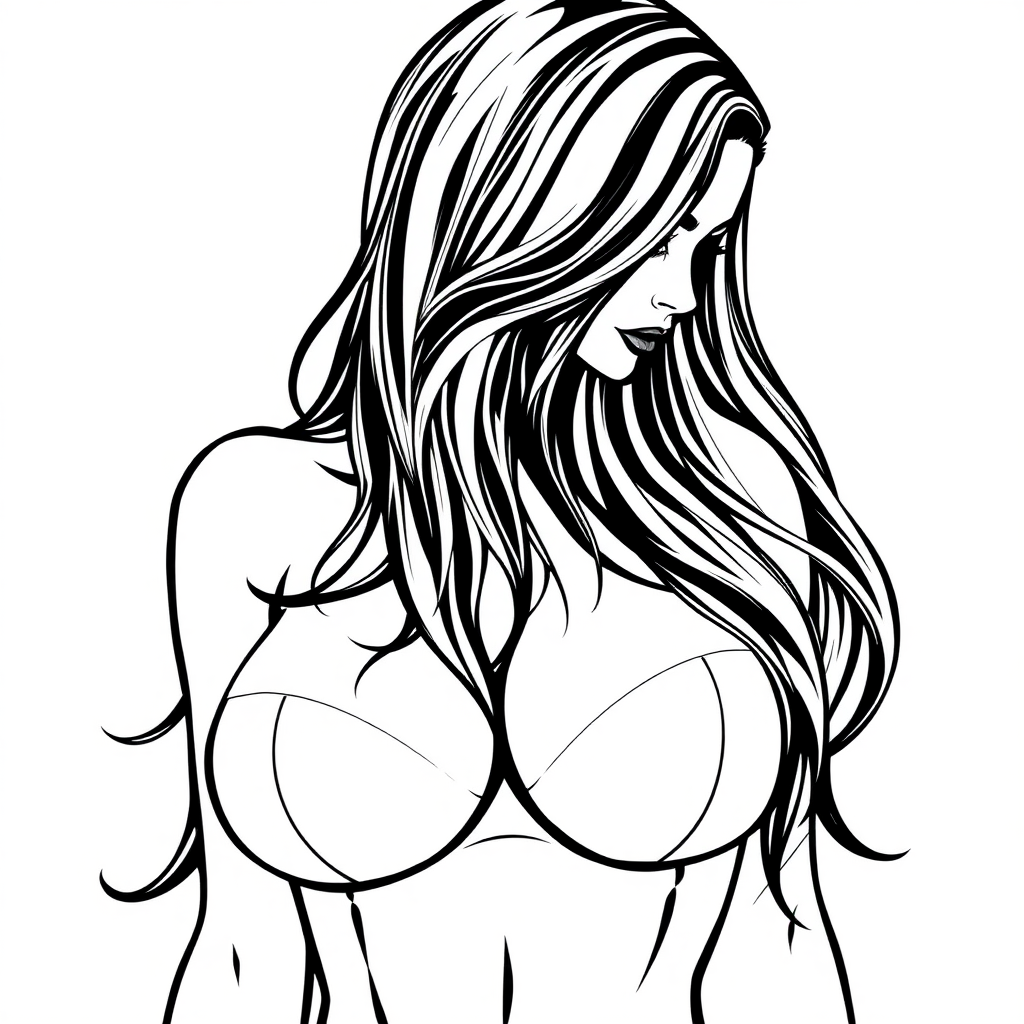 a black and white coloring image depicting a busty woman with long hair