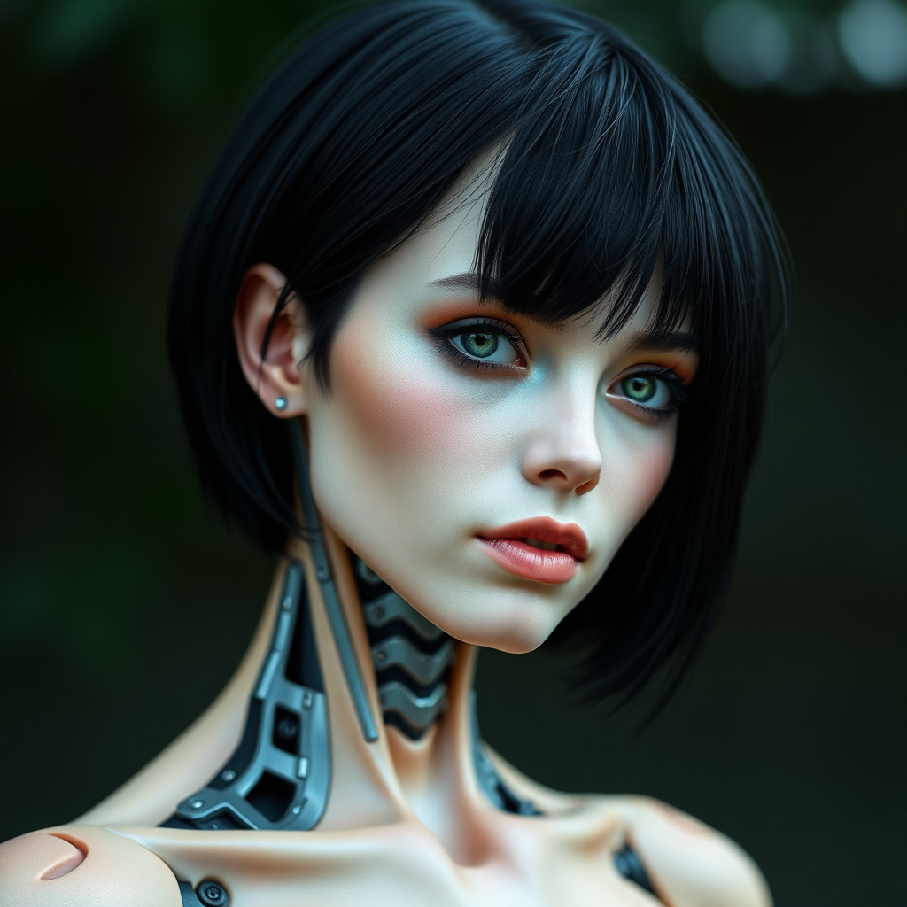 A photograph of a female cyborg with short black hair and green eyes. She has bare feet.