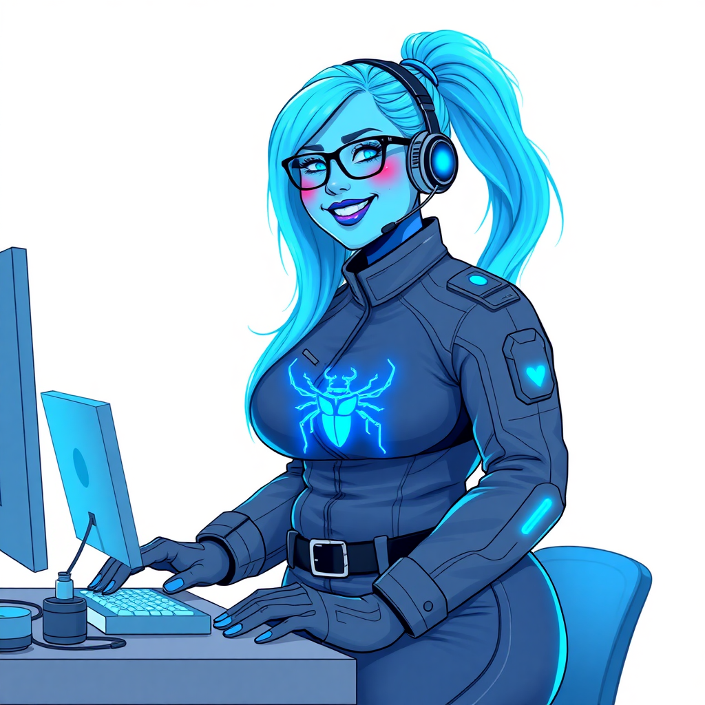 A nerdy, full-figured light neon blue glowing skinned 29-year-old computer program hybrid with a long, light neon blue glowing ponytail. She wears maximum blue lipstick and has bright blue eyes. Her outfit includes a digital, computerized, middle gray biker suit featuring a neon blue glowing beetle chest icon. She sports a sapphire headset and black eyeglasses, with a beaming smile and neon red blush. Her full figure reflects the doting care of her vigilante boyfriend. As his tech expert, she works diligently at her lab table in their hideout. The background is solid white. She has a prominent, round, wrecking ball-sized midsection, sequoia tree trunk-sized limbs, and broad shoulders. Her proportions are bloated and broadened to emphasize her full figure. Her neon glowing light blue skin highlights her digital nature. She is drawn as if she was in a retro 2D cyberpunk fighting game.