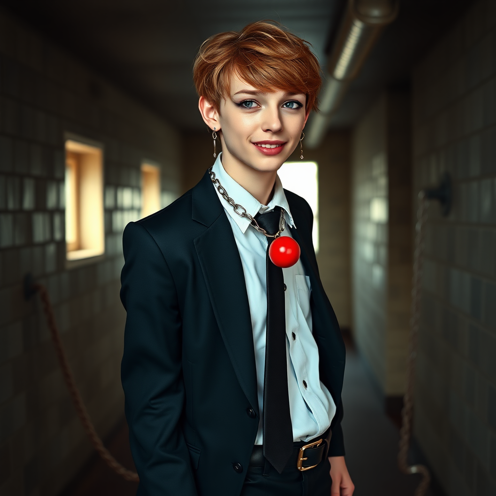 photorealistic, ultra high resolution, 16K, surreal fantasy, soft studio lighting, Tyler Swift is a pretty 18 year old goth male, slim male physique, auburn hair, goth makeup, earrings, shiny black pantyhose, school uniform shirt tie and blazer, Mary-Jane shoes, spikey neck collar chain and leash, red ball-gag, in a dungeon, the end of the leash is chained to the wall, in daylight, excited smile, facing the camera.