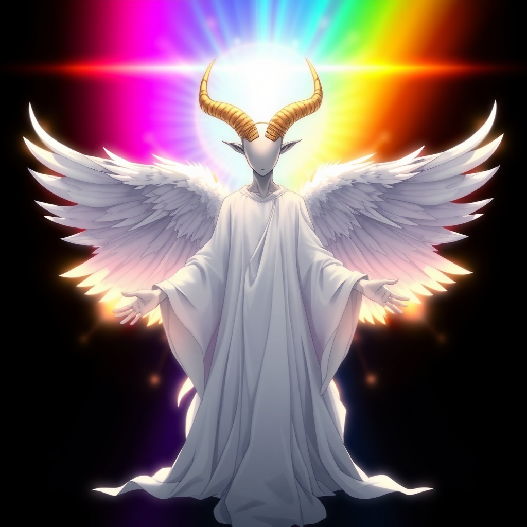 (Anime-styled art) Set against a deep black backdrop, a radiant, rainbow-hued barrier shimmers with vibrant, shifting colors. At its center stands a genderless, faceless figure, completely devoid of features—no eyes, no ears, no mouth, no expression. The being exudes an unsettling yet angelic presence, its skin a flawless, pale silver-white. From its head curve two golden, goat-like horns, amplifying its eerie aura. Four immense glowing angelic wings spread from its back, each feather softly illuminated. Clad in flowing white robes that ripple with divine energy, its outstretched hands seem to command an otherworldly force. Both captivating and terrifying, this ethereal figure embodies a striking balance of beauty and dread.