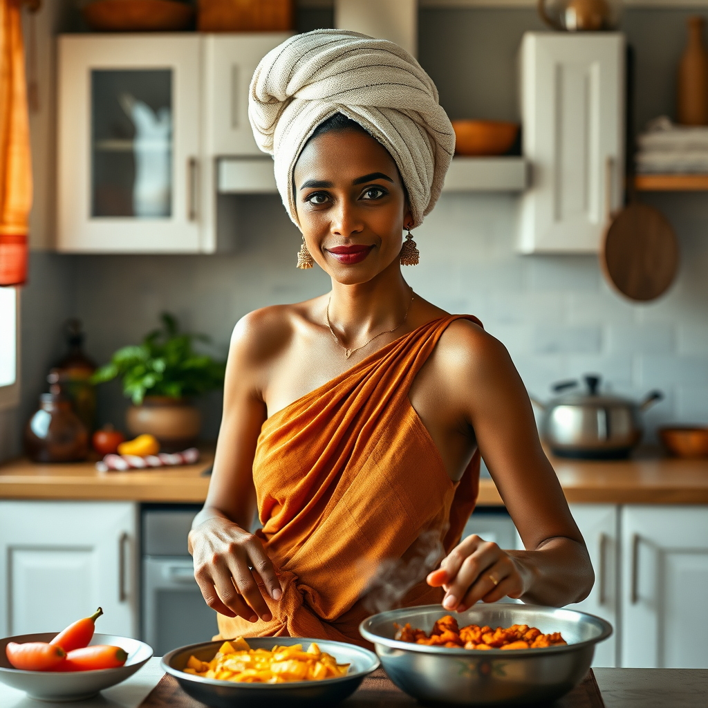 slim, 40 year old, traditional indian wife, towel head, cooking food in kitchen