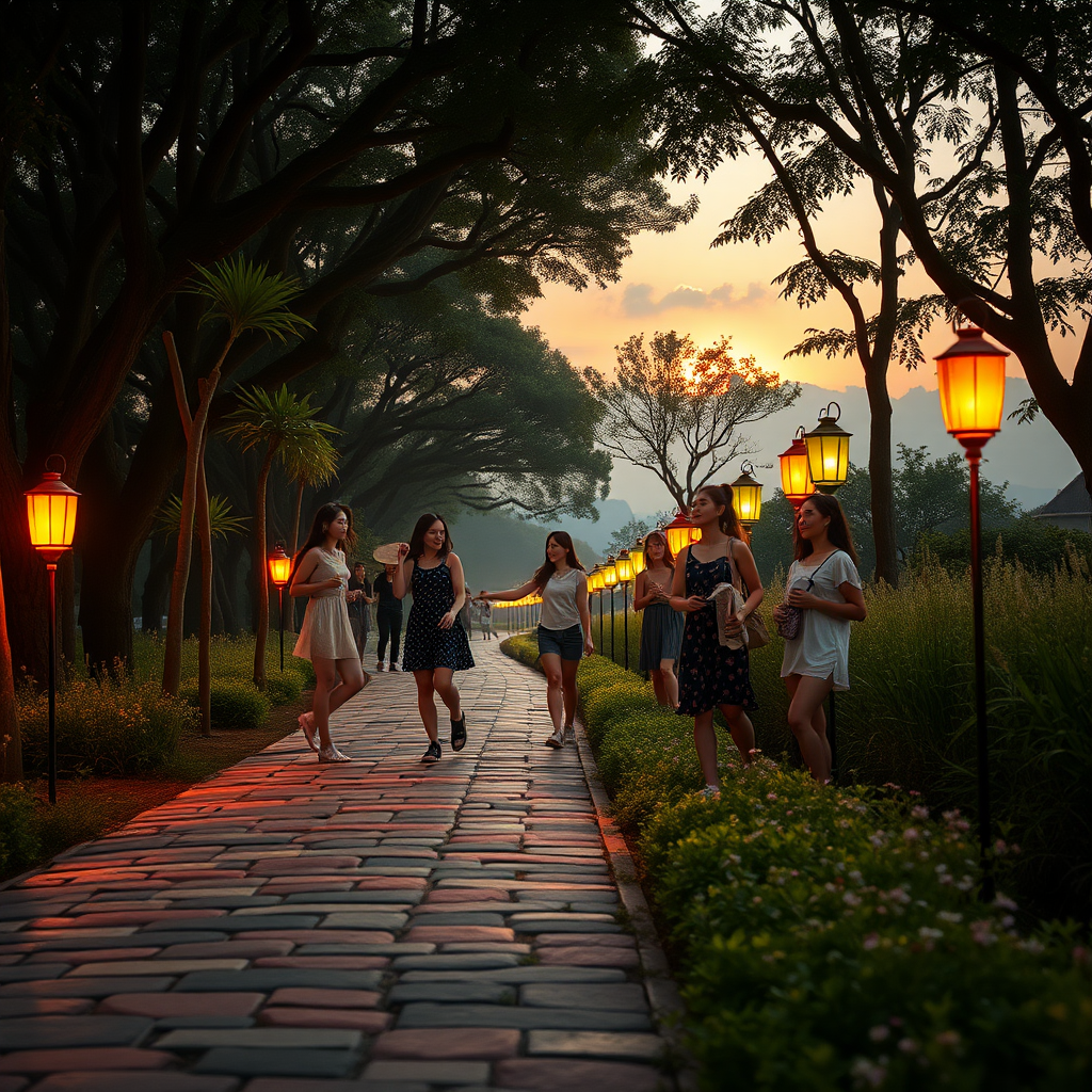 High summer. It is a hot late summer evening. The sun has already set. Three young, pretty Asian women are playing jump rope. Two other modern Asian women are playing badminton. Two more young Asian women are chatting by the side of the path. A roughly 500-meter long, uneven, and 2-meter wide bike and pedestrian path runs along the edge of the forest, made of strikingly colored and variously sized paving stones. For 50 meters, large trees grow and form a roof-like canopy. Uniformly on the left and right side of the path, lanterns about 1 meter high are placed every three meters in alternating positions, each in different colors from the 1950s style effectively and vividly lighting the path. Colorful herbs and small wildflowers bloom on both sides of the path. A part of the sky is visible. Like in a fantasy image, a few veil clouds can be seen, still glowing in pastel colors from the now-set sun. The picture is bathed in a warm yellow light. The ominous atmosphere is mystical, eerie, and surreal. In the background, haze has formed. The weeds have been growing for two months. Note: The Asian women are a very important aspect of the image generation. They are meant to alleviate the viewer's fear. With the presence of the many Asian women, the viewer does not feel alone and feels safe. The Asian women make themselves known and look at the viewer kindly. The Asian women are to be generated as real and human, with loving facial features that are clearly recognizable.