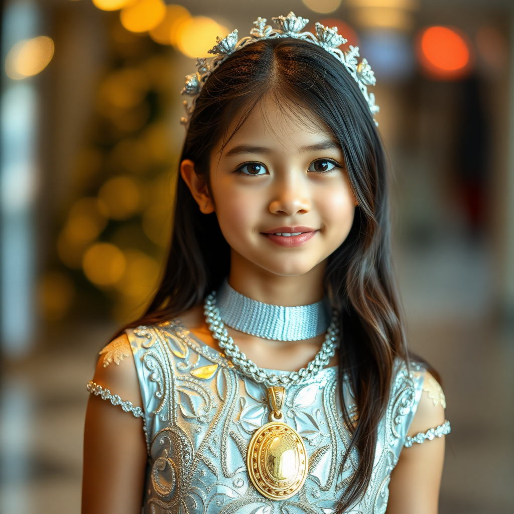 A photo of a 20-year-old girl made with chrome, silver, shining, and gold ornament. The girl wears a silver dress with chrome and gold patterns. She also wears a silver necklace with a large gold pendant. The background is blurred due to the telephoto bokeh effect. The overall image has a shiny and reflective quality.