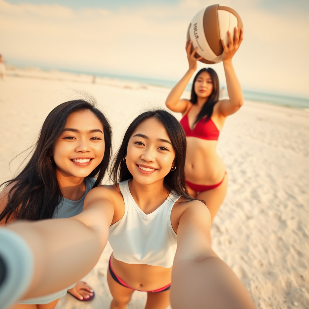 Three Asian ladies with gorgeous faces, wearing shoes, are playing volleyball on the beach. They have white skin, are tall, and are taking a selfie with straight hair.