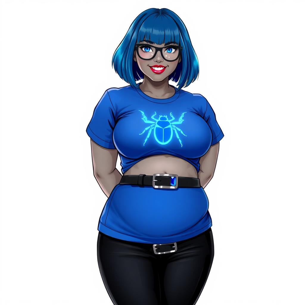 A 28-year-old, full-figured, metallic middle gray skinned computer program hybrid with a maximum blue bob cut. She has a non-athletic build, highlighted by a prominent, round, large midsection (with emphasis on her belly). As a digital sidekick, computer hacker, and nerdy girlfriend to her cyberpunk vigilante boyfriend, her middle gray metallic skin and maximum blue lipstick emphasize her digital nature. She wears a tight-fitting, maximum blue t-shirt (accentuating her large belly) with a neon blue glowing chest icon of a beetle, black pants, a black belt with a sapphire scarab buckle, and black gloves. Her bright blue eyes, black eyeglasses, and lovestruck smile with neon red blush accentuate her nerdiness. She stands bashfully with her hands behind her back, her t-shirt covering her midsection (especially her large belly) and emphasizing her full-figured, non-athletic physique. She is on a solid white background. She is drawn as if she was in a retro 2D cyberpunk fighting game. She is clearly non-athletic, with a focus on her full-figured physique. Ensure her t-shirt covers her midsection (especially her large belly).