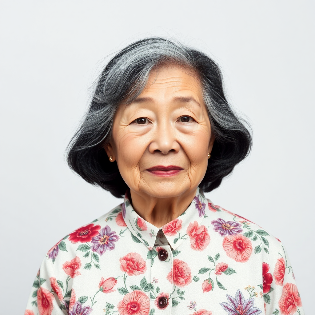 80 age old korean woman, front, flower shirt, photo studio background,