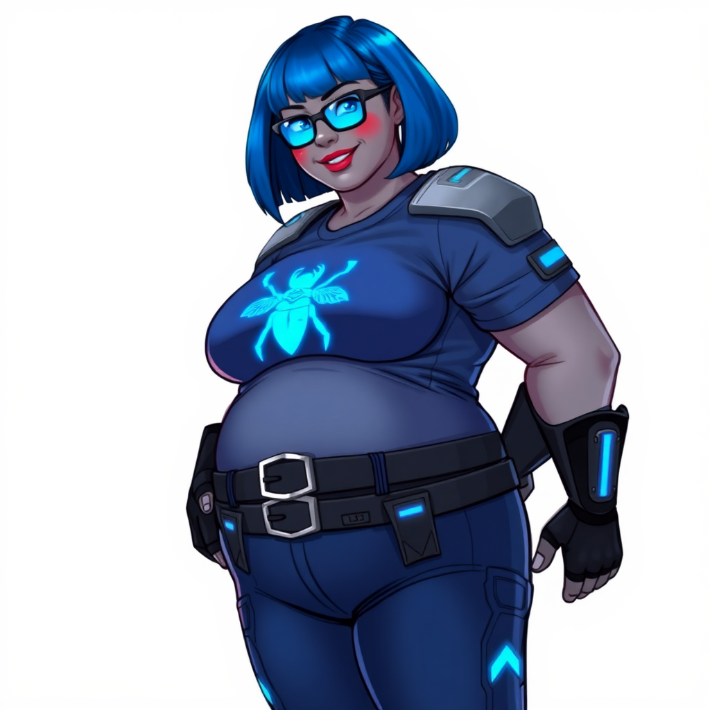 A 28-year-old, full-figured, middle gray skinned computer program hybrid with a maximum blue bob cut. She has a non-athletic, full-figured build, highlighted by a prominent, round, large midsection (with full emphasis on her large belly). As the full-figured, nerdy, digital sidekick to her cyberpunk vigilante boyfriend, her middle gray metallic skin and maximum blue lipstick emphasize her digital nature. She wears a digital, computerized costume inspired by DC’s Carrie Kelly Robin, consisting of a huge, tight-fitting, maximum blue t-shirt with a neon blue glowing chest icon of a beetle, hi-tech shoulder pads with neon blue accents, a black hi-tech belt with a digital neon blue glowing buckle, digital maximum blue pants with neon blue accents, and black hi-tech fingerless biker gloves with neon blue glowing accents. Her bright blue eyes, black eyeglasses with glowing neon blue lenses with a built-in HUD, and shy smile with neon red blush accentuate her nerdiness. She stands bashfully with one hand behind her back and the other hand gently touching her cheek, her costume covering all her skin and emphasizing her full-figured physique (especially her belly). She is clearly non-athletic, with a heavy focus on her large belly. Despite her build, she radiates beauty. She has a slim face compared to her physique, accentuating her radiant beauty. She is on a solid white background. She is drawn as if she were in a retro 2D cyberpunk fighting game. Her full figure is on full display and fully emphasized.