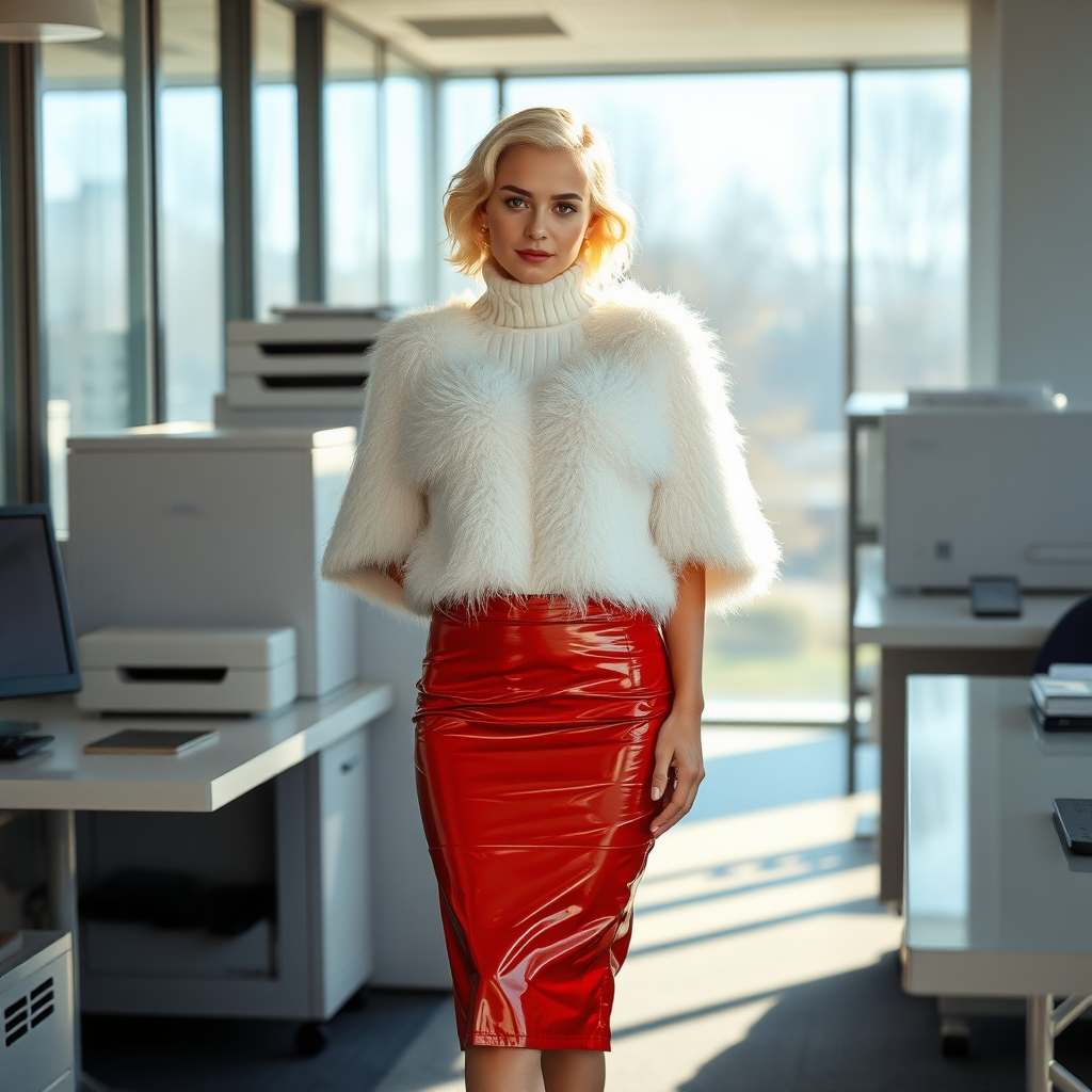 Sunny spring morning, modern glass-steel-concrete office, standing gracefully at Xerox: Nina, 17 years old very convincing femboy, tamed servile docile, very beautiful feminine flawless face, rather short, by hormones very curvaceous womanly figured, platinum blond short tight curls, French nails, no makeup, wearing Supertanya-style fluffy very fuzzy bright white angora turtleneck-poncho cropped ending under bust, very tight bright red vinyl midi pencil skirt, purple shiny vinyl pumps with golden high heels, white pearl belly piercing, gold earrings, seductively looking at camera. Focus on face and turtleneck-poncho.